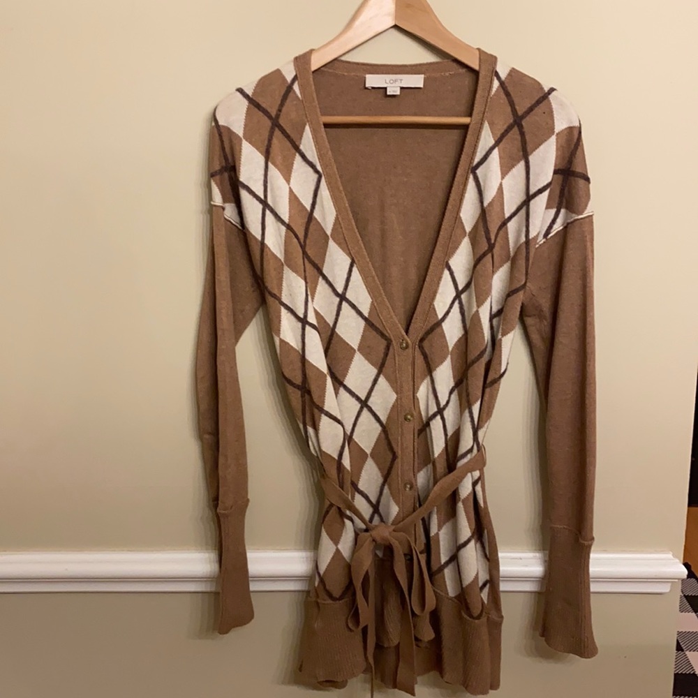 Loft Camel Belted Long Cardigan with Cream and Brown Argyle Pattern Front-Size M